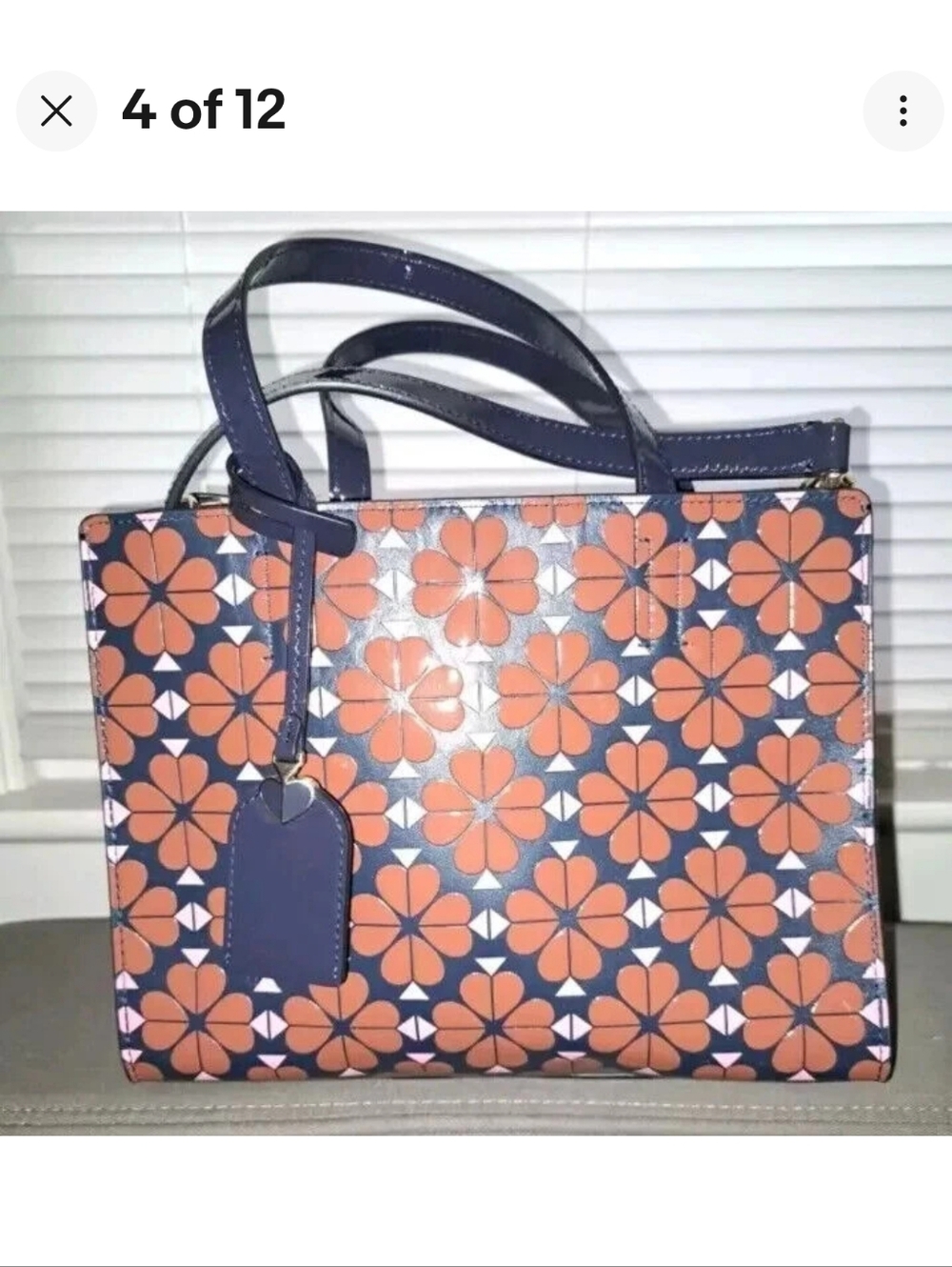 KATE SPADE SAM FLORAL TOTE CROSSBODY PATENT NAVY BLUE BROWN PINK w FOB - Picture 5 of 13